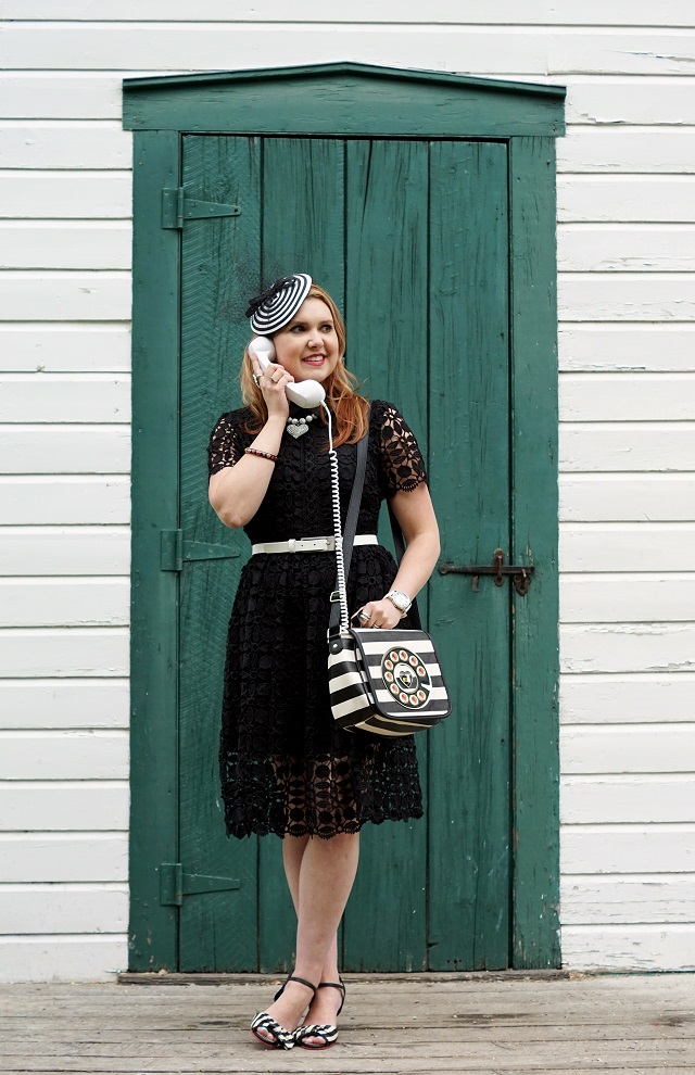 Winnipeg Style, Chicwish black crochet splendid dress, Betsey Johnson phone purse bag black white striped Call me, that